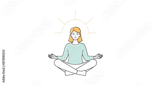 Woman practicing mindfulness meditation in a yoga pose with calm energy radiating from above her head representing inner peace and well being for a