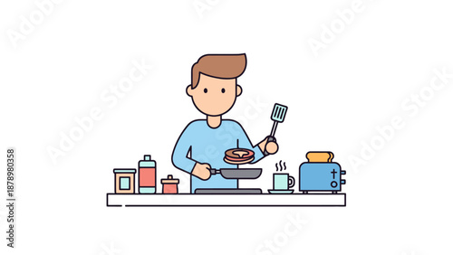 Man preparing breakfast meal with pancakes and toast on kitchen counter with cooking utensils and appliances