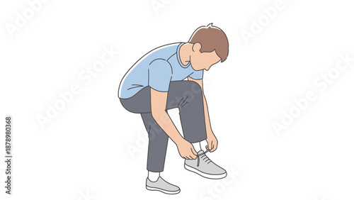 Young boy tying shoelaces on casual footwear preparing for outdoor activity or indoor leisure time activities at home