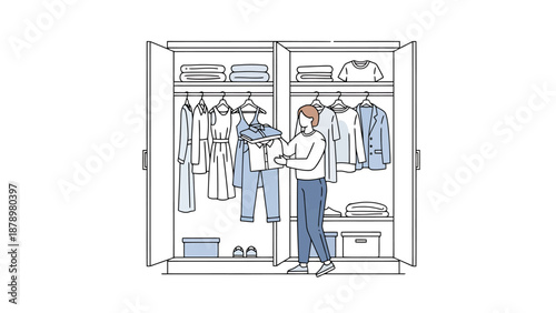 Person Organizing Wardrobe Selecting Clothing From Hanging Garments and Stored Apparel neatly Folded on Shelves Interior View