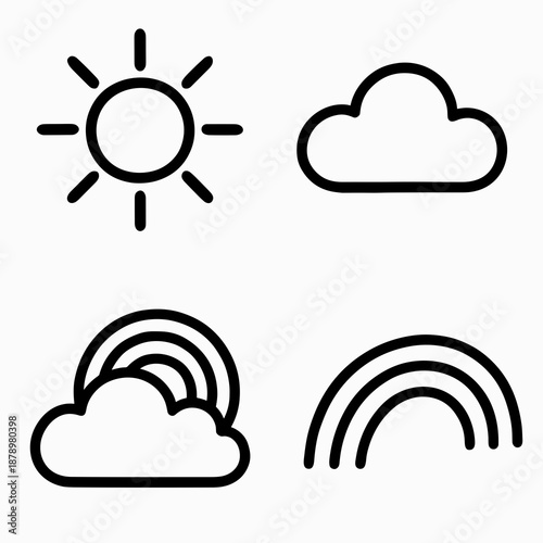 Line art symbols of the sun, clouds, and rainbows, minimalist design, copy space