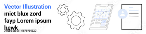 Business operations, workflow automation, data analytics, process optimization, productivity tools, project management. Gears, clipboard with analytics and a document with a user icon. Data