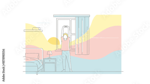 Person stretching arms up near window with sunrise behind curtains in bedroom interior concept for morning routine and healthy lifestyle