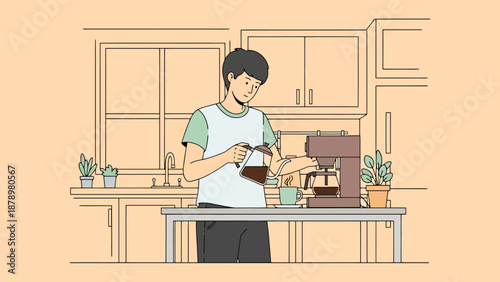 Young man making fresh hot coffee using a modern espresso machine in a bright kitchen for morning beverage preparation and a warm start to the day