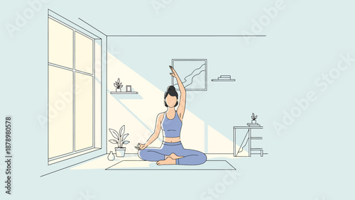 Woman practicing yoga and meditation indoors with sunlight streaming through the window creating a serene atmosphere for wellness and mindful movement