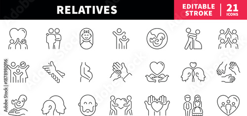Family and relatives editable line icons set. outline style, connection, bond