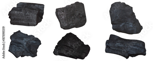 Photos Set of black coal pieces isolated on transparent white background