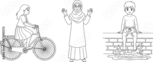 Girl cycling, woman raising hands, boy splashing water, daily life scene, expressive poses, leisure activity, flat vector illustration