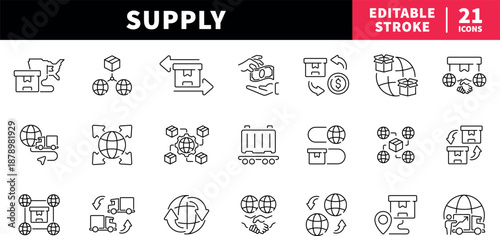 Supply and delivery editable line icons set. shipping and logistics symbols