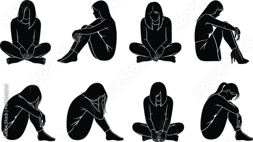 Set of female sitting silhouettes expressing sadness depression and loneliness isolated on white background for mental health concepts emotional distress illustration vector