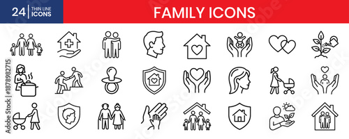 Family Thin Line Icon Set Parents Children Home
