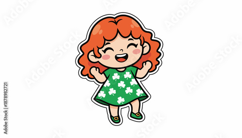 A cute cartoon girl with red curly hair and a green dress adorned with shamrocks, celebrating St. Patrick's Day with joy.