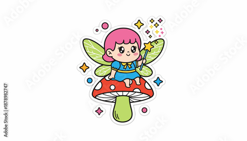 A cute cartoon fairy with pink hair sits on a red mushroom holding a magic wand.