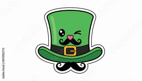 A cute cartoon leprechaun hat with a winking eye and a mustache, perfect for St. Patrick's Day.