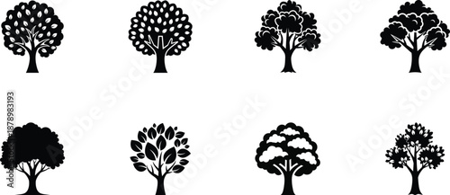Collection of eight different silhouette trees on a white background