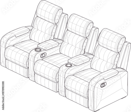 A contemporary three-seat recliner sofa. Designed for relaxation and leisure, these comfortable seats offer a stylish and inviting aesthetic.