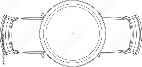 An overhead perspective of a minimalist circular table surrounded by two simple chairs, an invitation to a shared moment, perhaps a meal or a discussion, in a clean, uncluttered space.