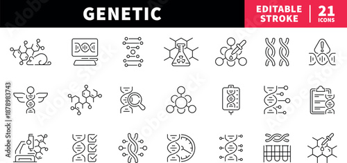 Genetic research editable line icons set. dna and science symbols