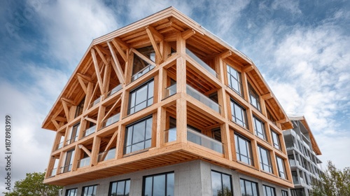 Modern timber-frame building with exposed wooden beams and large windows against a blue sky