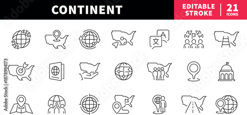 Continent editable line icons set: map, globe, navigation symbols for apps