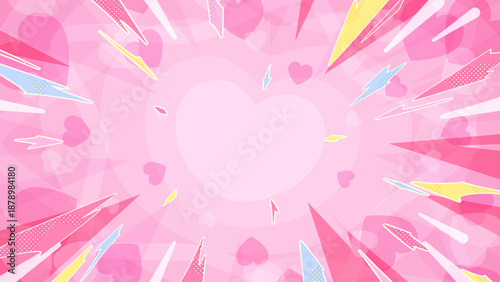 爆発の光とハートが散らばる背景イラスト_16:9