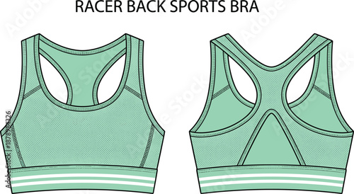 Racer back sports bra, front and back view, scoop neckline, striped band, athletic wear, flat vector illustration