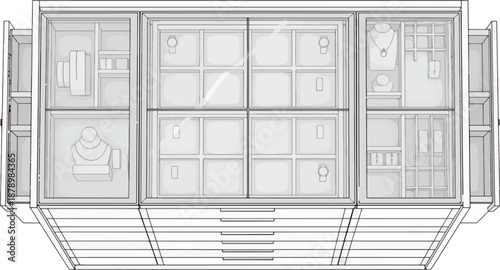 An overhead, line-art view of a modern jewelry display case showcases an array of precious items. The design is contemporary and sleek.