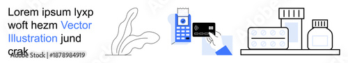 Digital payments, healthcare access, pharmacy shopping, online medicine, cashless transactions, e-commerce. Contactless transaction with card reader and medication. Digital payments and healthcare
