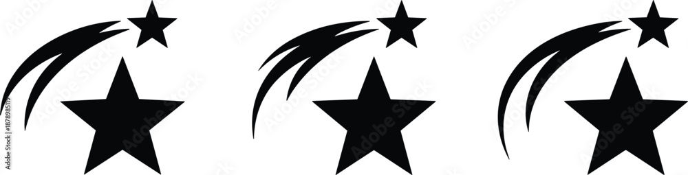 Fototapeta premium Black shooting star icons collection with falling trails and sparkles isolated on white background for celestial decorative designs.