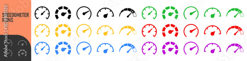 Speedometer, tachometer icon. Speedometer indicator icon collection. Speed indicator vector icons. Сolor icon set