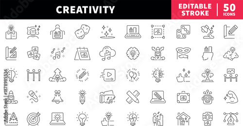 Creativity and innovation editable line icons set. art and inspiration designs