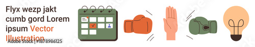 Time management, goal achievement, creative thinking, team collaboration, motivation, and innovation. Calendar, boxing gloves a raised hand and a light bulb icon. Planning and creativity concept