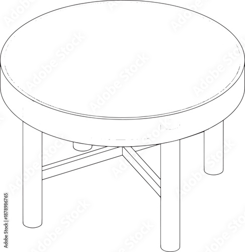 A minimalist line drawing showcases a simple, elegant circular table. Clean lines define the tabletop and sturdy legs of the furniture, highlighting its functional and aesthetic design.