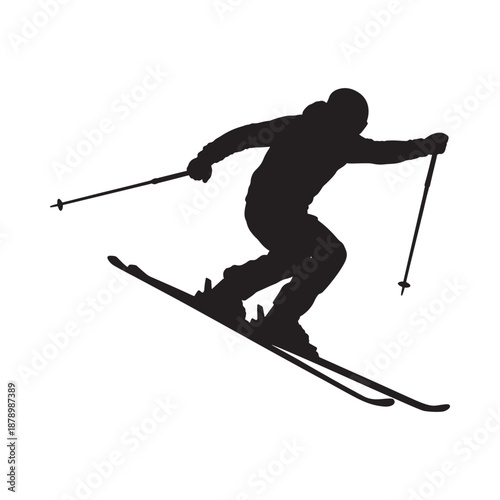 Silhouette of a skier in motion downhill skiing action shot