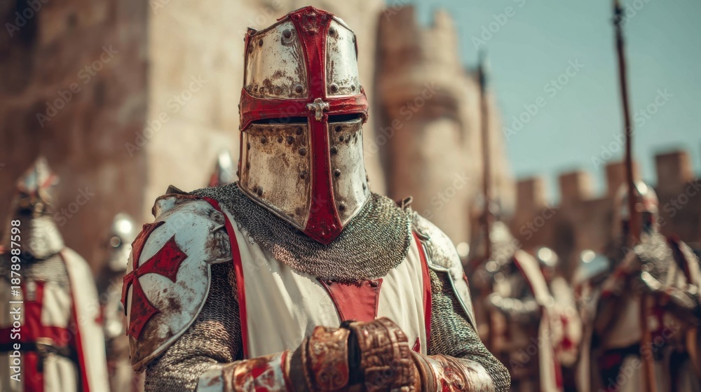 Fototapeta premium Medieval Knight in Armor with Red Christian Cross Displaying Strength and Valor in Historical Battlefield Setting