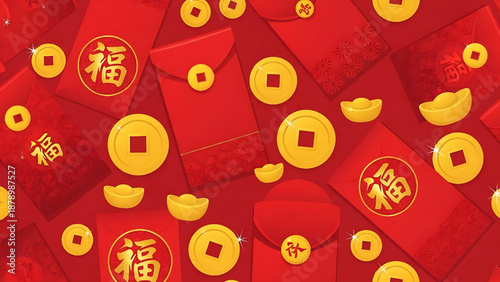 Chinese New Year lucky money red envelopes and gold coins with Chinese character 'Fu' meaning fortune