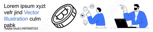 Cryptocurrency, blockchain, fintech, digital payments, trading platforms, finance. A Bitcoin coin design and a person interacting with icons and laptop. Cryptocurrency and blockchain in finance