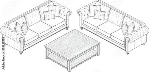 Elegant living room ensemble in a modern drawing style.