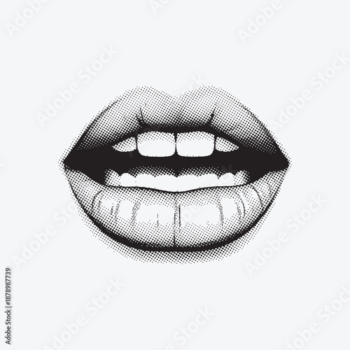 Halftone illustration of lips and mouth with shading effect