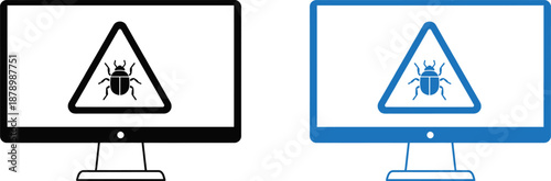 Computer screens displaying bug warning signs for software issues