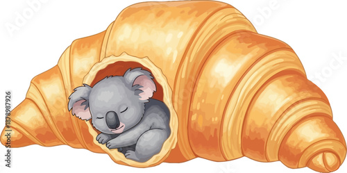 Sleeping koala inside hollow golden croissant pastry breakfast food animal mashup creative illustration for bakery shop