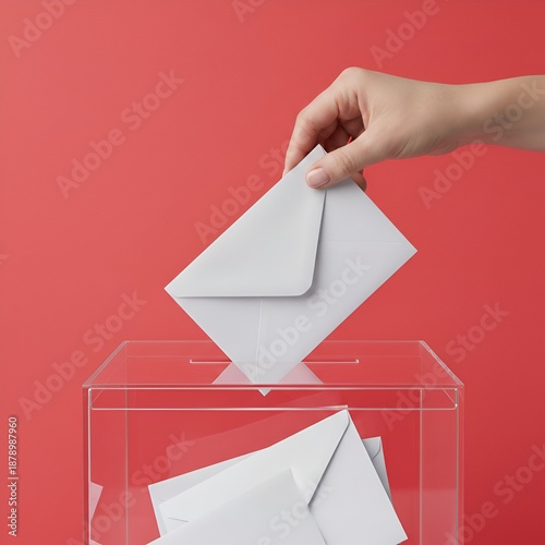 Main déposant un bulletin de vote dans une urne transparente lors d'une élection officielle pour le futur de la démocratie