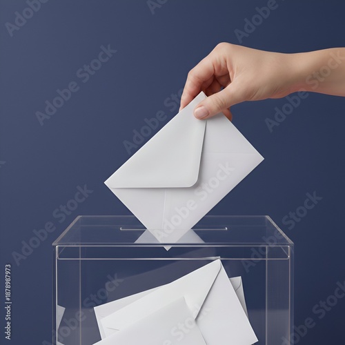 Main déposant un bulletin de vote dans une urne transparente lors d'une élection officielle pour le futur de la démocratie