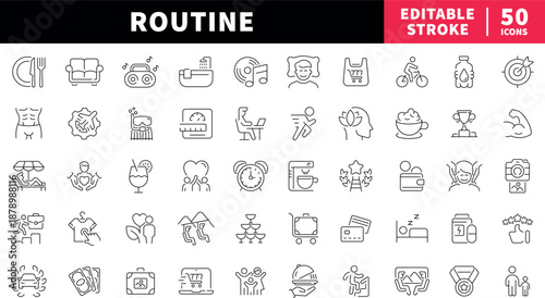 Daily routine editable line icons set. lifestyle and activity designs
