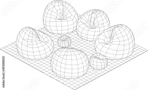 An abstract illustration of multiple beanbag chairs arranged on a patterned surface, offering a modern and minimalist design aesthetic.