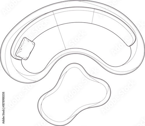 An architectural line-art rendering of an unconventional sofa. Designed to elevate interior spaces, it merges comfort with an artsy look. 