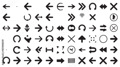 A collection of black and white direction symbols and arrows in various styles on a clean background, showcasing diverse illustrations
