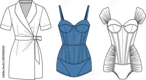 Fashion design sketch set, women’s garments, wrap dress and bodysuits, structural style variations, flat vector illustration