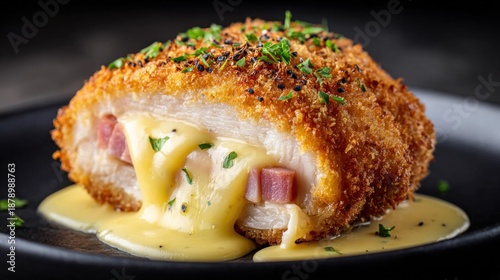 Delicious chicken cordon bleu with melted cheese and ham on a black plate