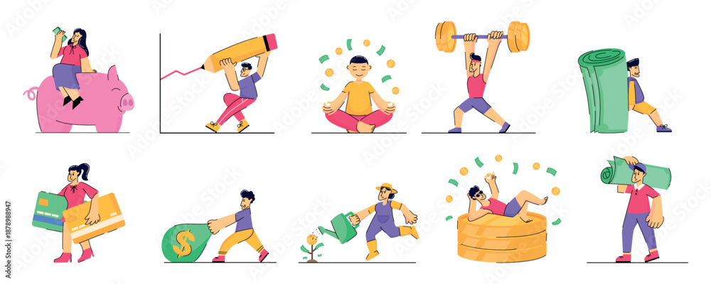 Fototapeta premium Collection work people. People, vector illustration, Business finance, grow graphic, calm investment, investment success, financial activity, flat vector illustration, cartoon style, economy.